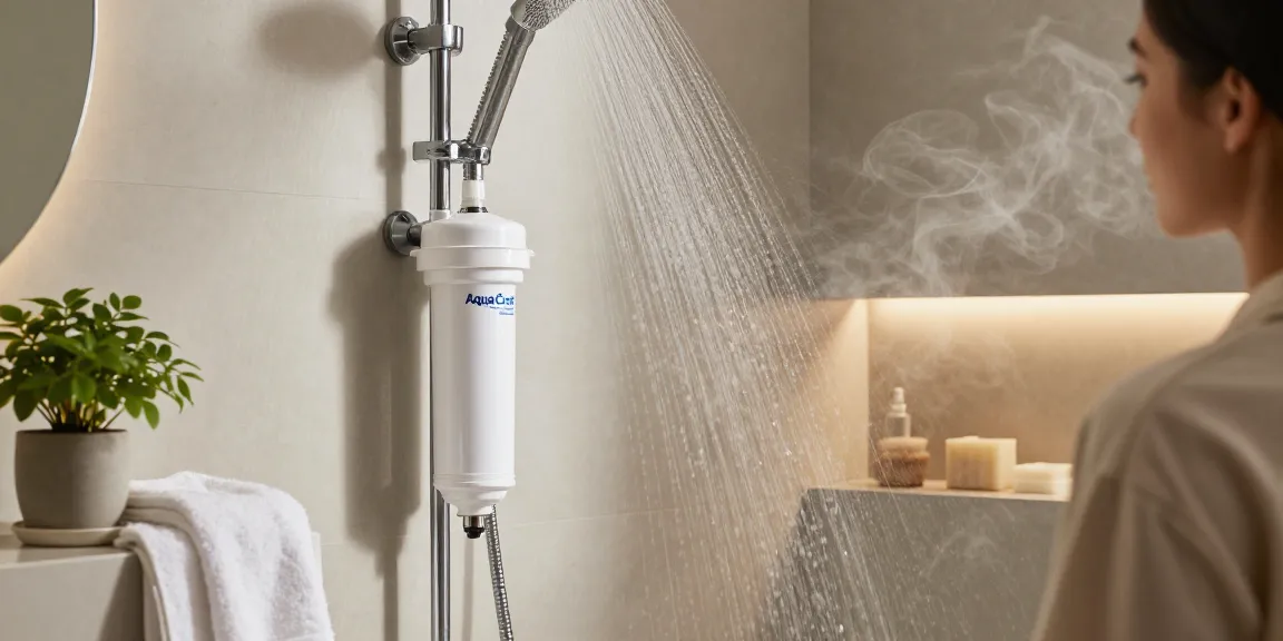 Aqua Crest WHR-140 Shower Filter Replacement Cartridge for Culligan® WHR-140 installed in a modern bathroom, showcasing a relaxing shower experience.