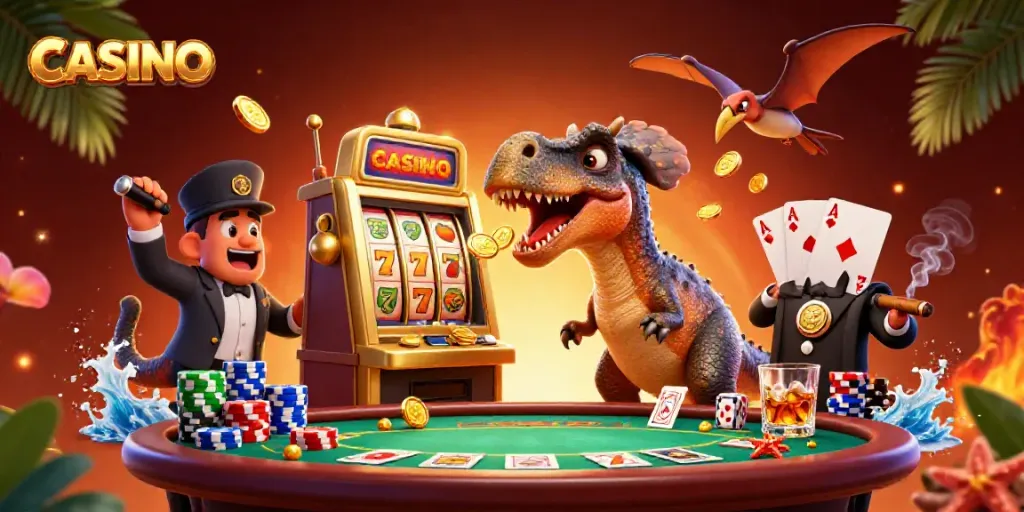 Dynamic casino scene with a pachycephalosaurus winning jackpots surrounded by colorful game elements.