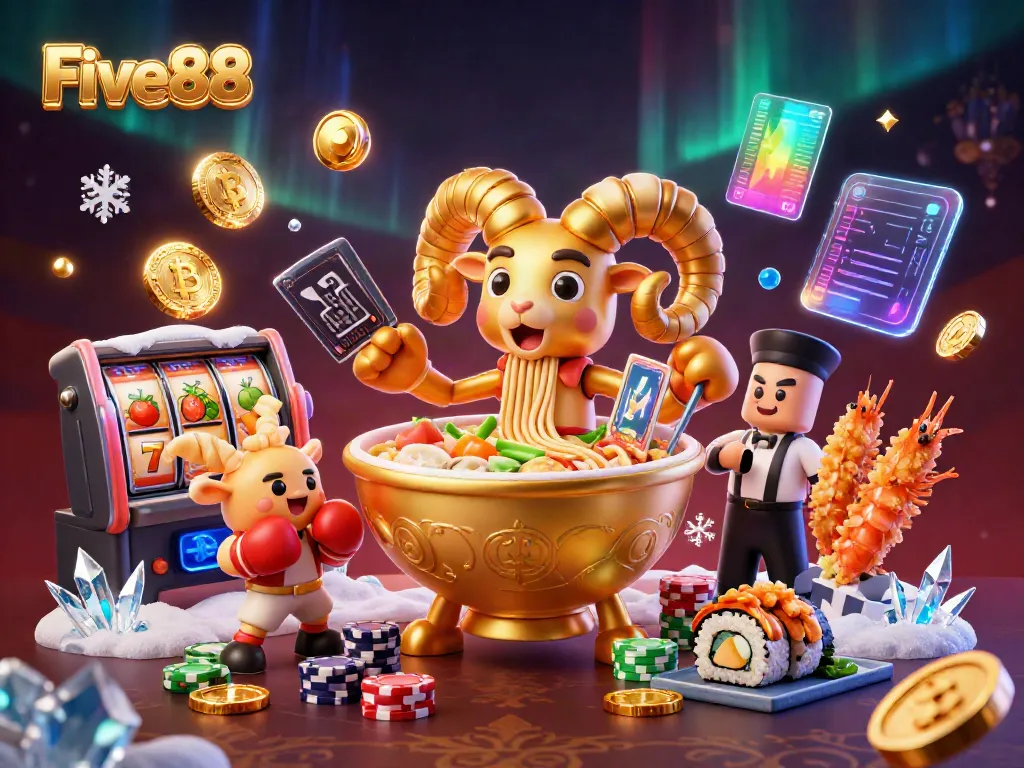 Play thrilling casino games with Five88 characters in an ultra-detailed 3D illustration featuring vibrant slots.