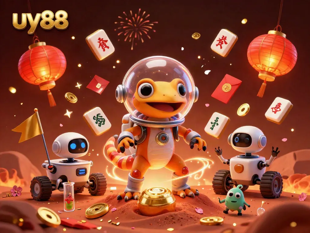 Experience the excitement of uy88, featuring a Martian gecko discovering a golden casino amidst vibrant celebrations.