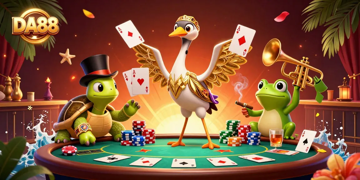 Engage in thrilling casino action with DA88, featuring a vibrant scene of animated characters and poker elements.