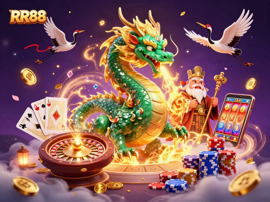 Experience the thrill of RR88 casino with emerald dragon, golden coins, and lucky cranes in a dynamic scene.
