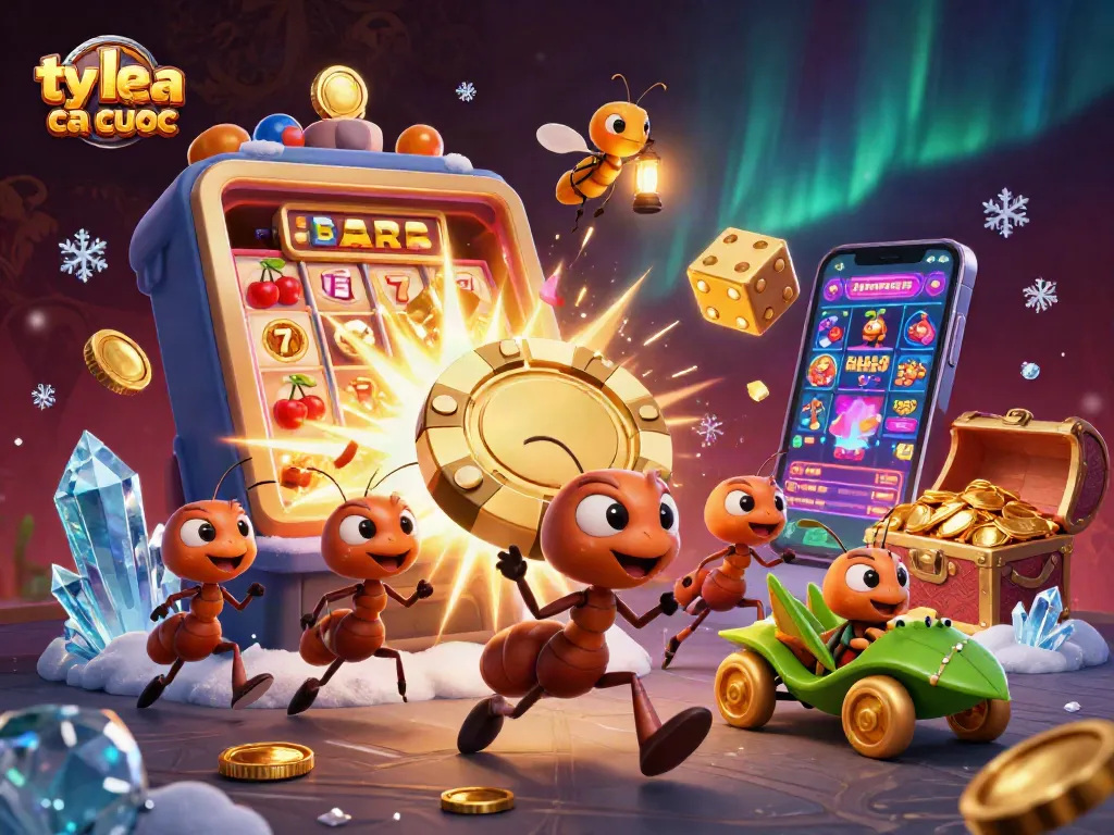 Experience the thrill of "ty le ca cuoc" with a dynamic 3D heist scene featuring ants and golden symbols.