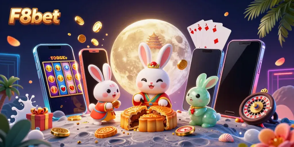 Experience the magic of F8bet with animated characters and casino elements in a captivating lunar landscape.