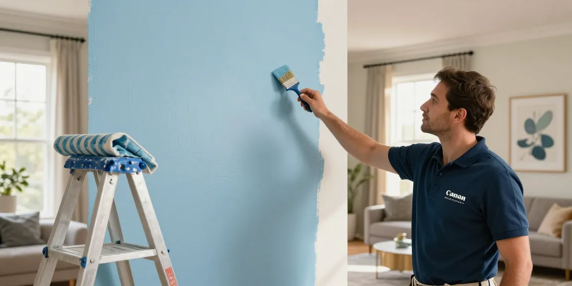 Painter in Lincoln applying fresh paint in a bright living room, showcasing quality craftsmanship and a cozy atmosphere.
