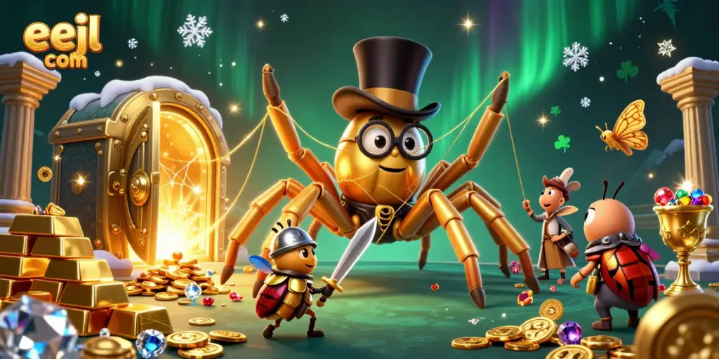 Engage with eejl com's thrilling world of casinos featuring a striking golden tarantula, beetle knight, and dazzling treasure.