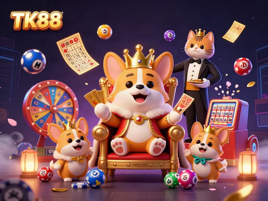 Experience TK88 casino excitement with corgis, colorful lottery balls, and a lively gaming atmosphere.