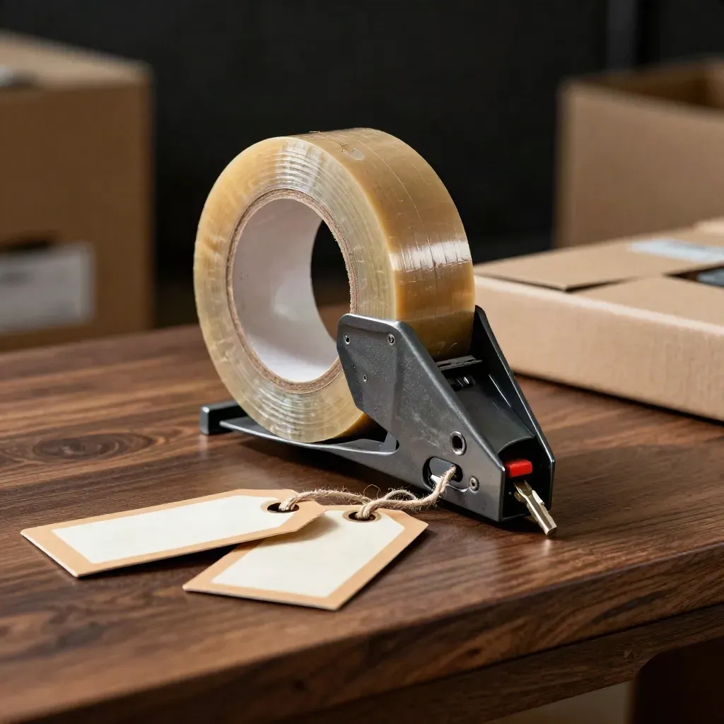 Parcel tape gun, shipping tags and sealed cardboard in dramatic low light