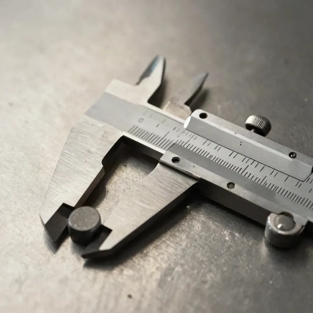 Macro still life of calipers checking a gauge block beside a black inspection weight on brushed metal.