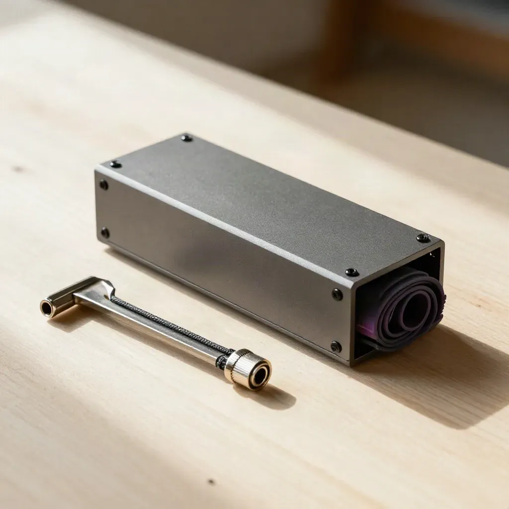 Overhead still life of a prototype enclosure, hex keys, ferrules and rolled rubber mat on pale wood.