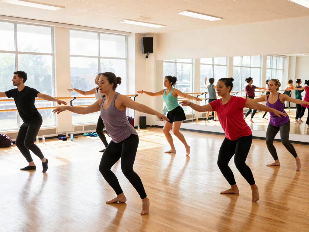 Dancers at kineticsynergydancecompany.com rehearsing choreography in a vibrant studio.
