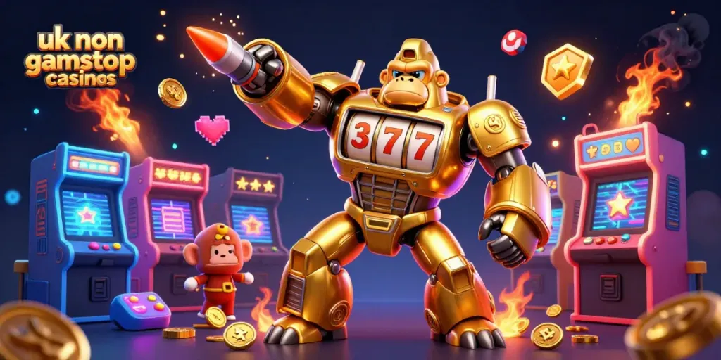 Engage with the thrill of uk non gamstop casinos featuring a golden gorilla mech amidst vibrant gaming elements.