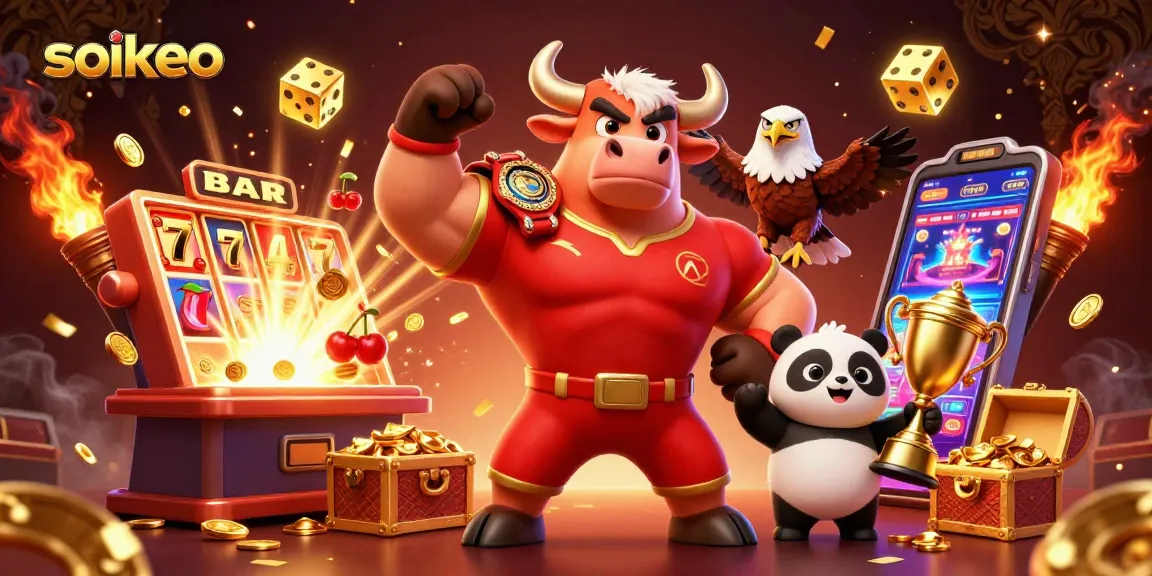 Engaging soikeo sports betting scene featuring a bull, eagle, and panda with slot elements.