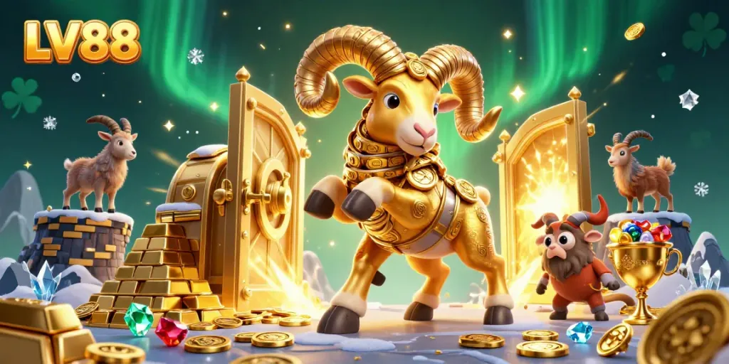 Experience LV88's gaming excitement with the golden ram amidst treasures, symbolizing fortune in online gambling.