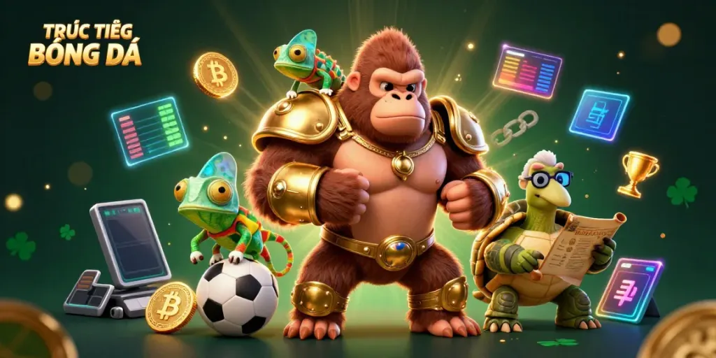 Experience TRỰC TIẾP BÓNG ĐÁ action with a powerful gorilla king and vibrant elements.