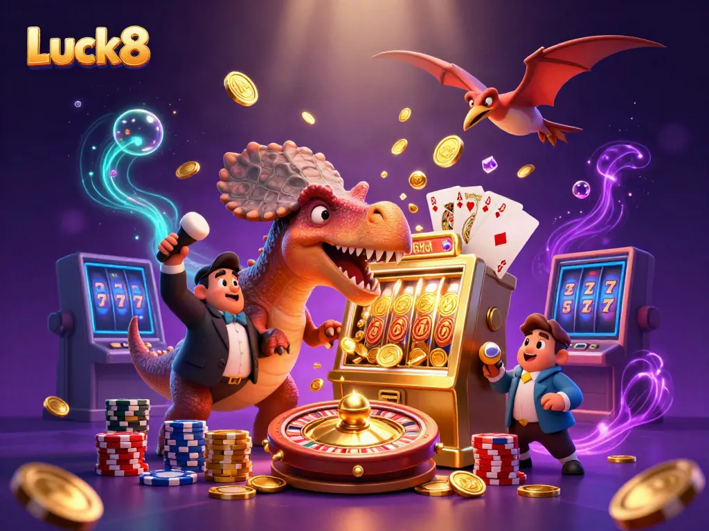 Experience the excitement at Luck8 with cartoon dinosaurs and vibrant casino elements in a dynamic scene.