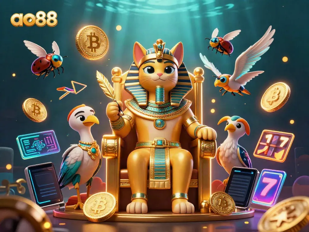 Engage with ao88 gaming through a vibrant, dynamic casino scene featuring iconic pharaoh characters and crypto elements.
