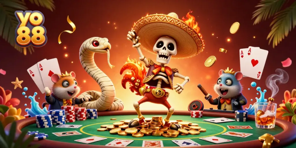 Engage with yo 88's vibrant casino scene featuring a mariachi rooster and golden coins.