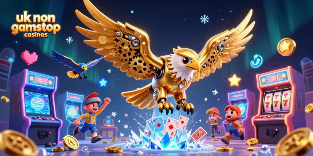 Engage with exciting uk non gamstop casinos as a cybernetic eagle dives among holographic cards.