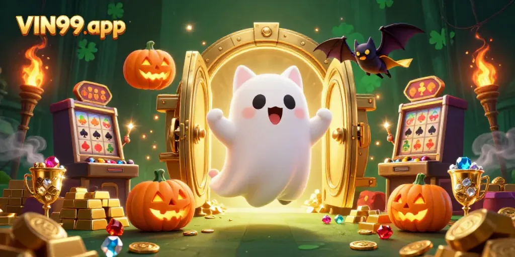 Experience the thrilling VIN99 app with a friendly ghost cat in a haunted casino, floating through piles of winnings.