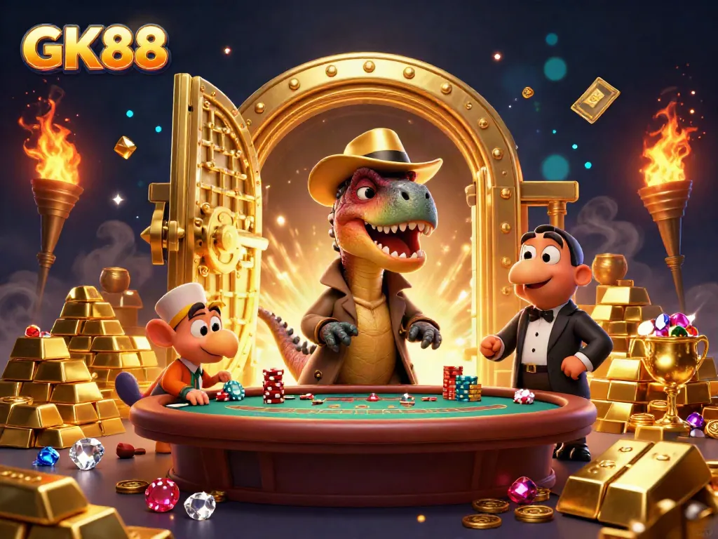 Experience thrilling blackjack at GK88 as a velociraptor card counter blends in, while treasures surround him.