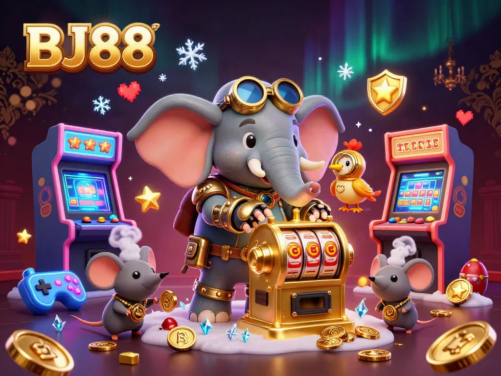 Engage with the vibrant world of BJ88, showcasing a steampunk elephant celebrating wins at an energetic casino scene.