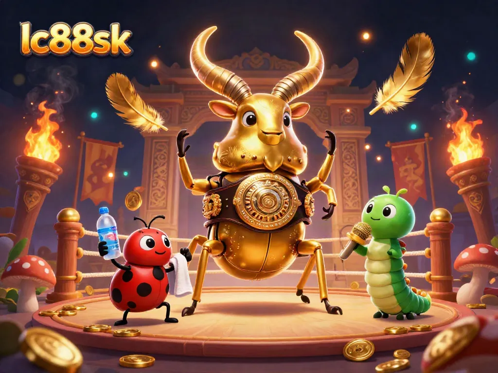 Experience thrilling gaming action with lc88sk's vibrant illustration of a giant beetle champion amidst casino excitement.