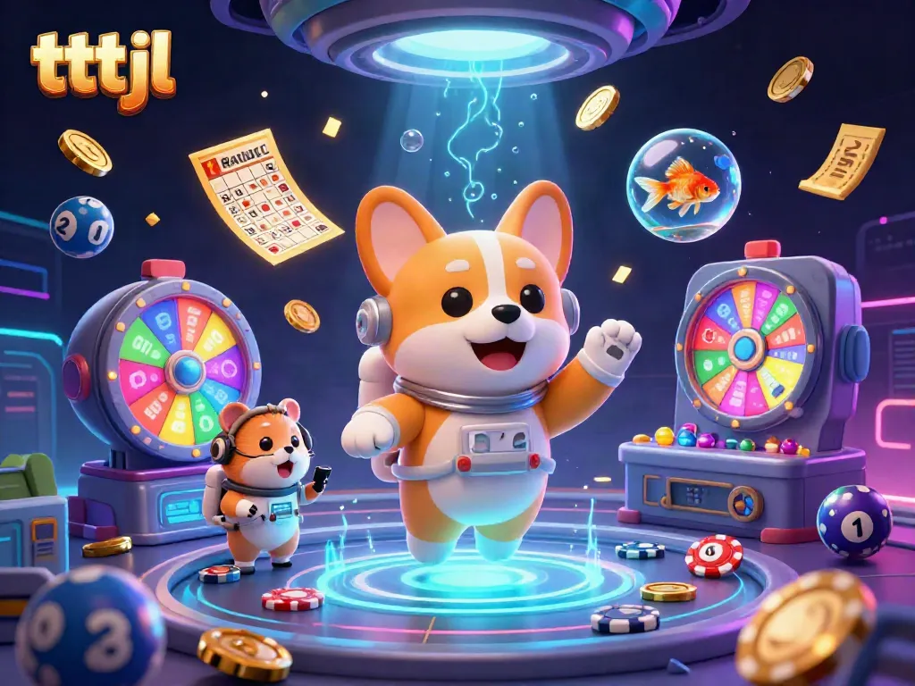 Engage with tttjl as a cartoon astronaut corgi navigates a dynamic casino in zero gravity.