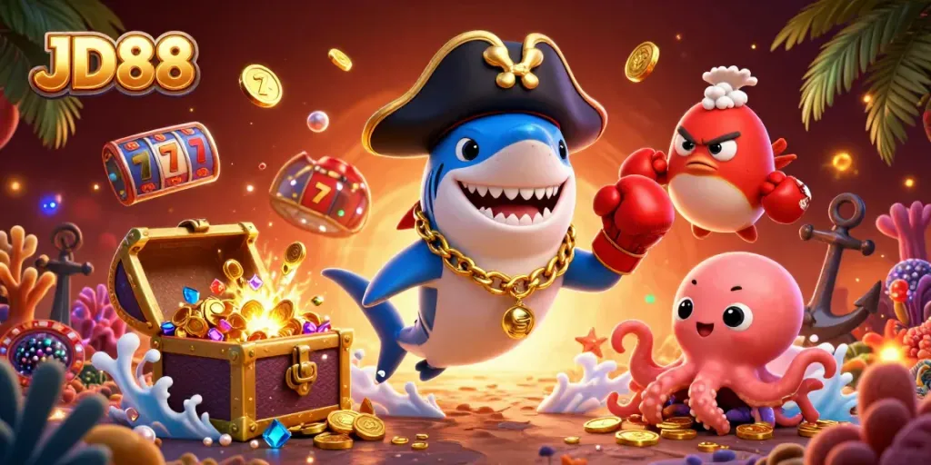 Play exciting casino games at JD88 with a vibrant underwater theme featuring dynamic characters.