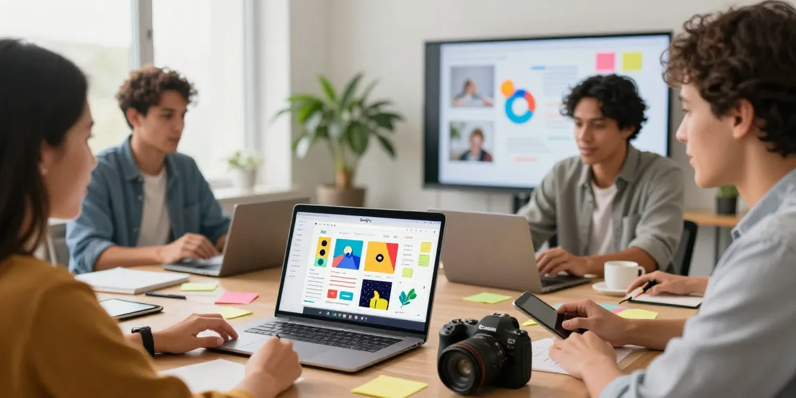 Team collaboration using google mixboard in a modern office workspace.