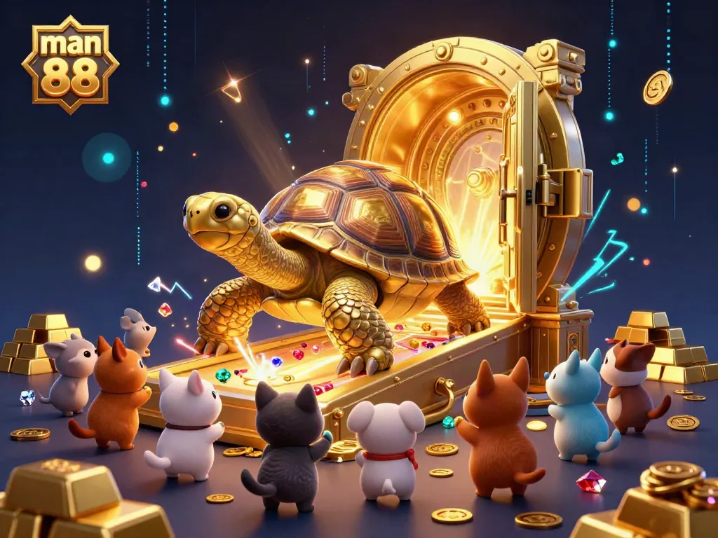 Experience man 88 in an ultramodern casino scene with vibrant gold treasures and a playful tortoise.