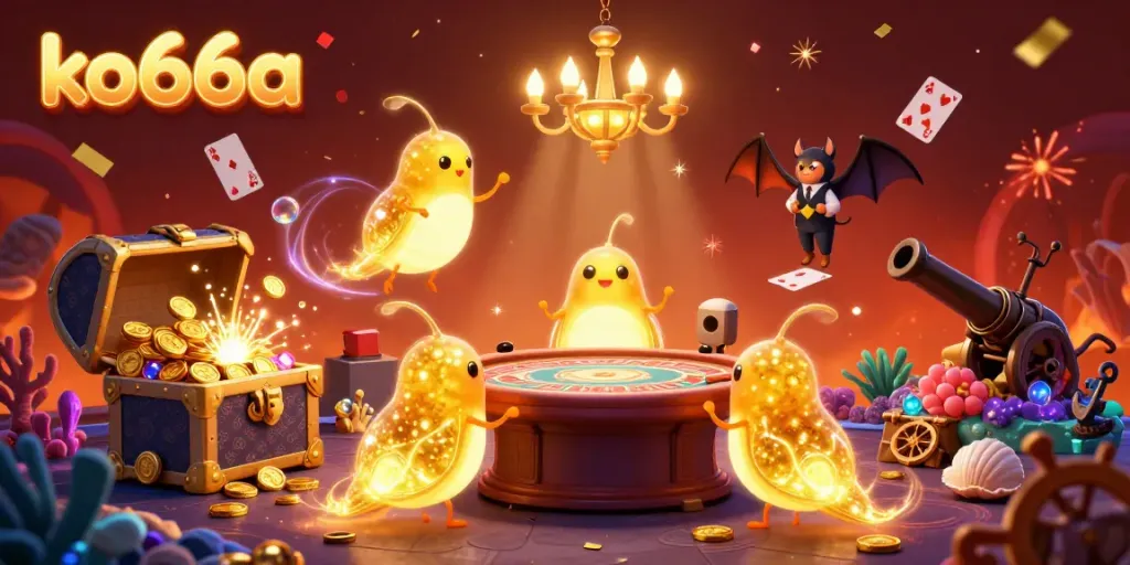 Engage in winning strategies at ko66a's lively casino, illuminated by glowworms and colorful treasure.