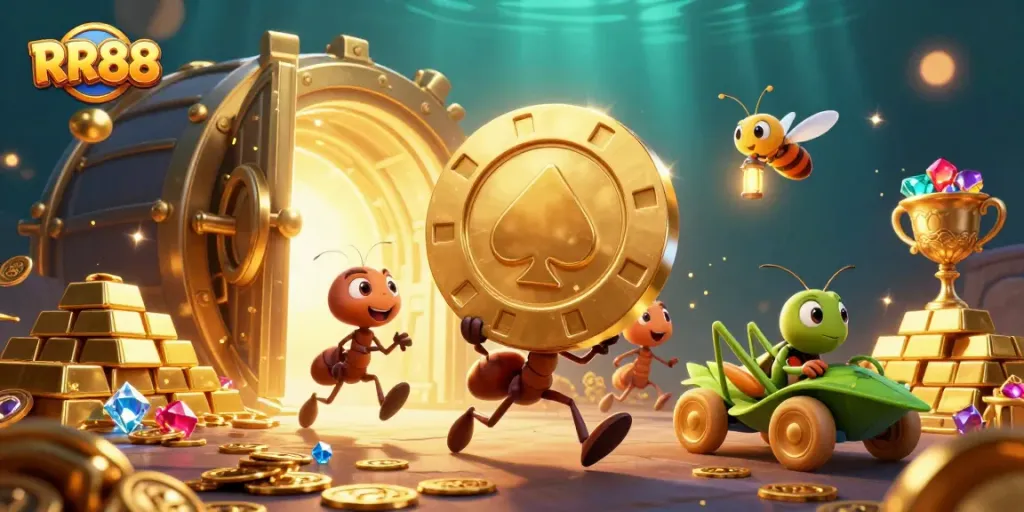 RR88 casino heist of ants carrying a giant poker chip amidst sparkling treasures and gems