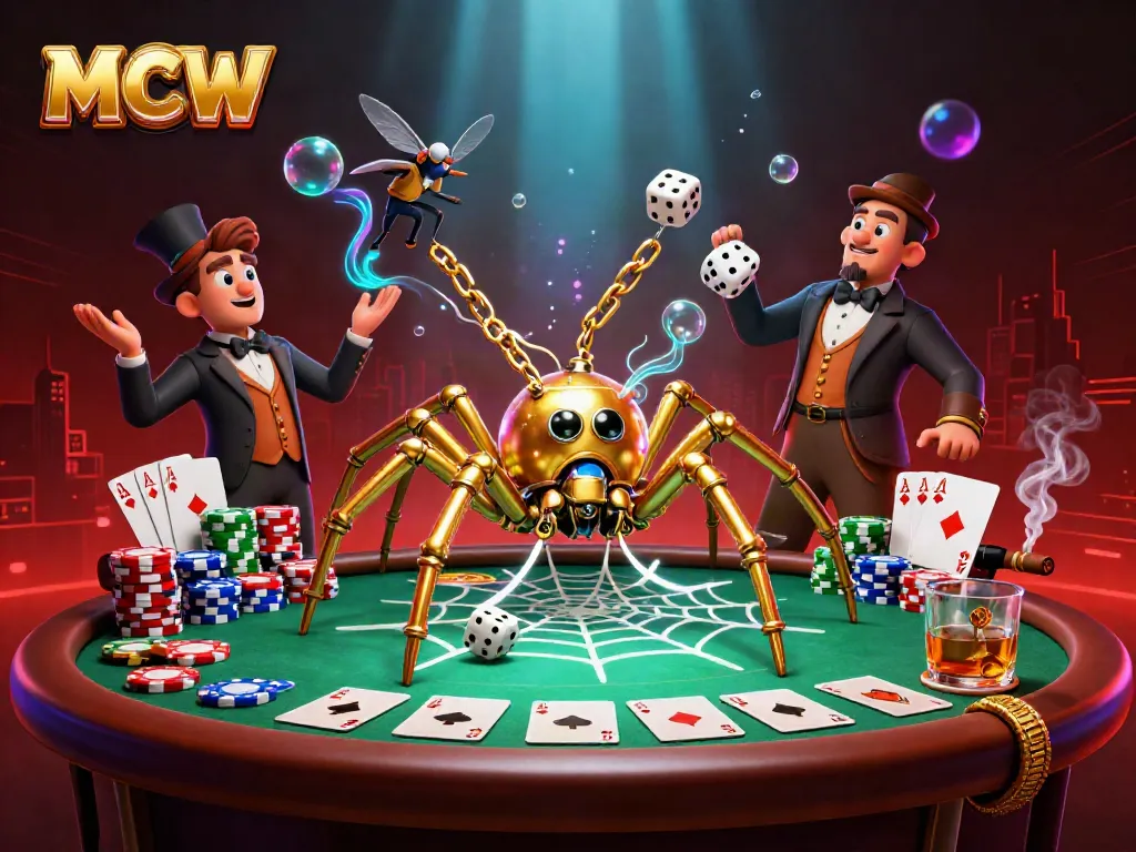 Engage with MCW's dynamic gambling scene featuring a steampunk spider and poker elements.