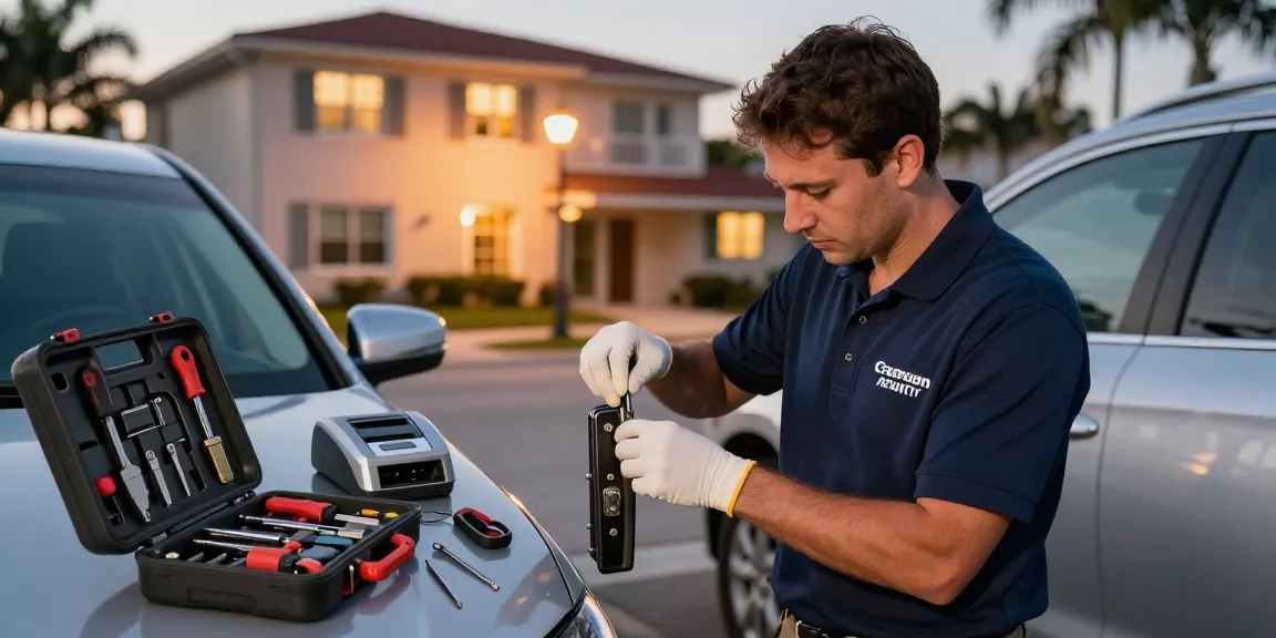 Expert locksmith near Fort Lauderdale fixing a car lock with precision tools in a vibrant urban setting.