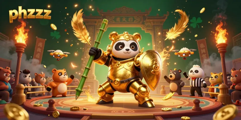 Engage in thrilling casino battles with phzzz, featuring a golden panda in a mech-suit amidst a vibrant casino arena.