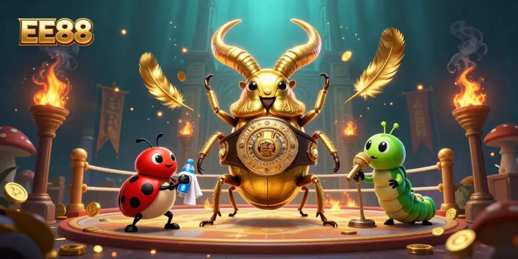 Action-packed illustration of EE88's animated casino scene featuring a golden stag beetle and engaging game elements.