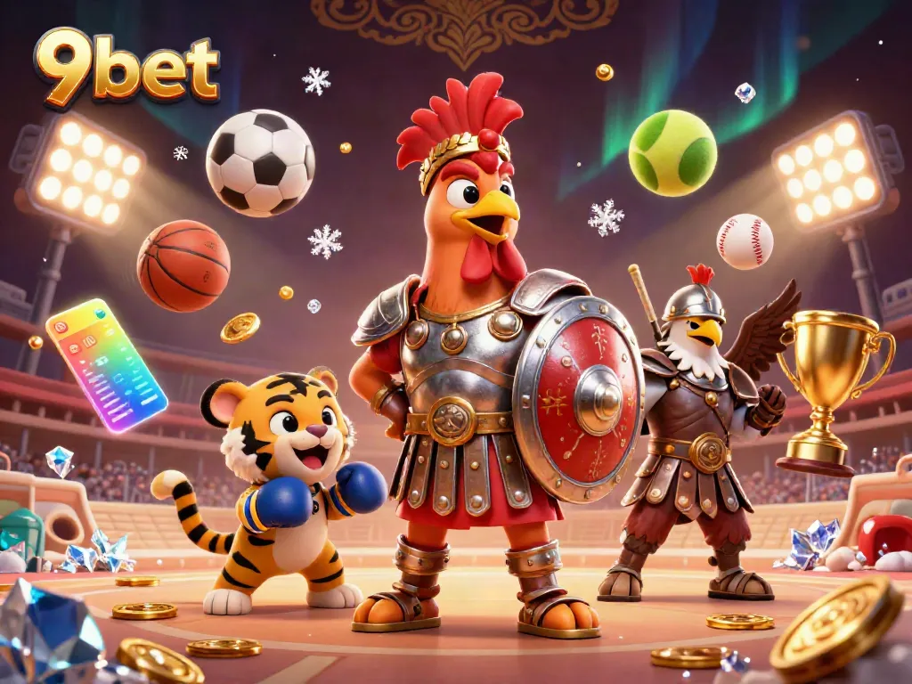 Engage in thrilling gameplay with 9bet's vibrant illustration of a gladiator rooster amidst dynamic sports elements.