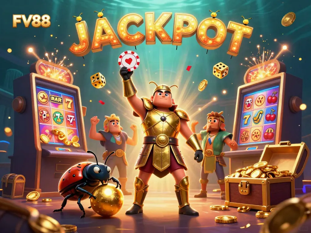 Join the thrilling world of FV88 as a hercules beetle wins big in this casino-themed illustration.