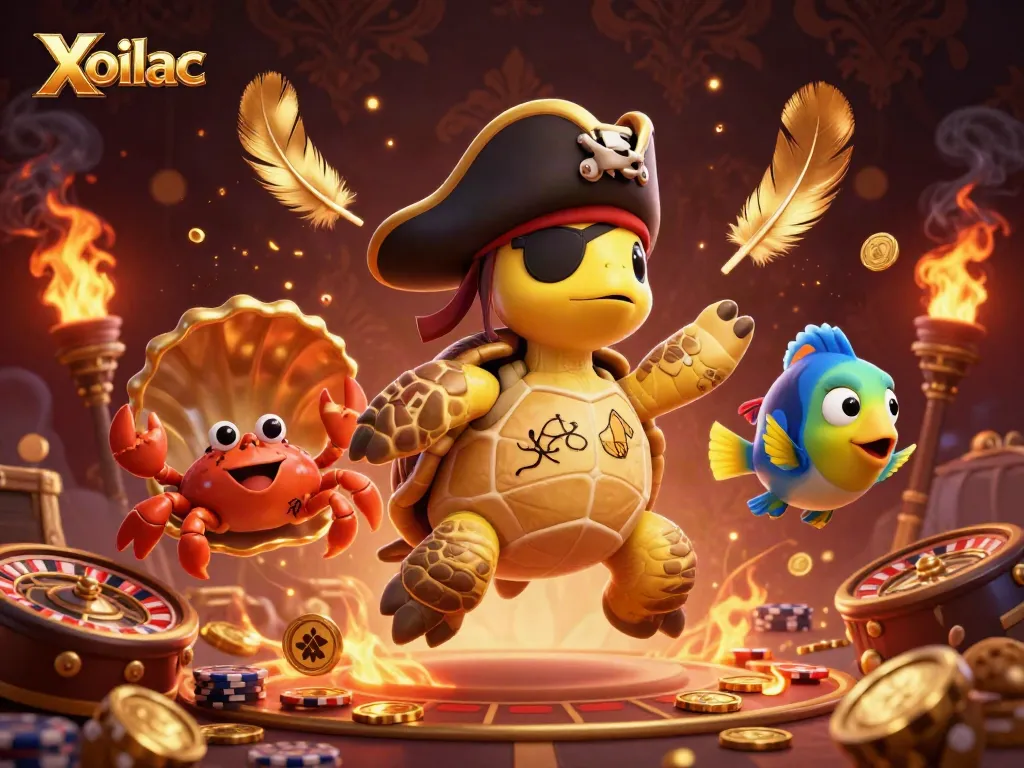 Experience thrilling live casino action with Xoilac's vibrant gaming scene featuring a pirate turtle and treasure.