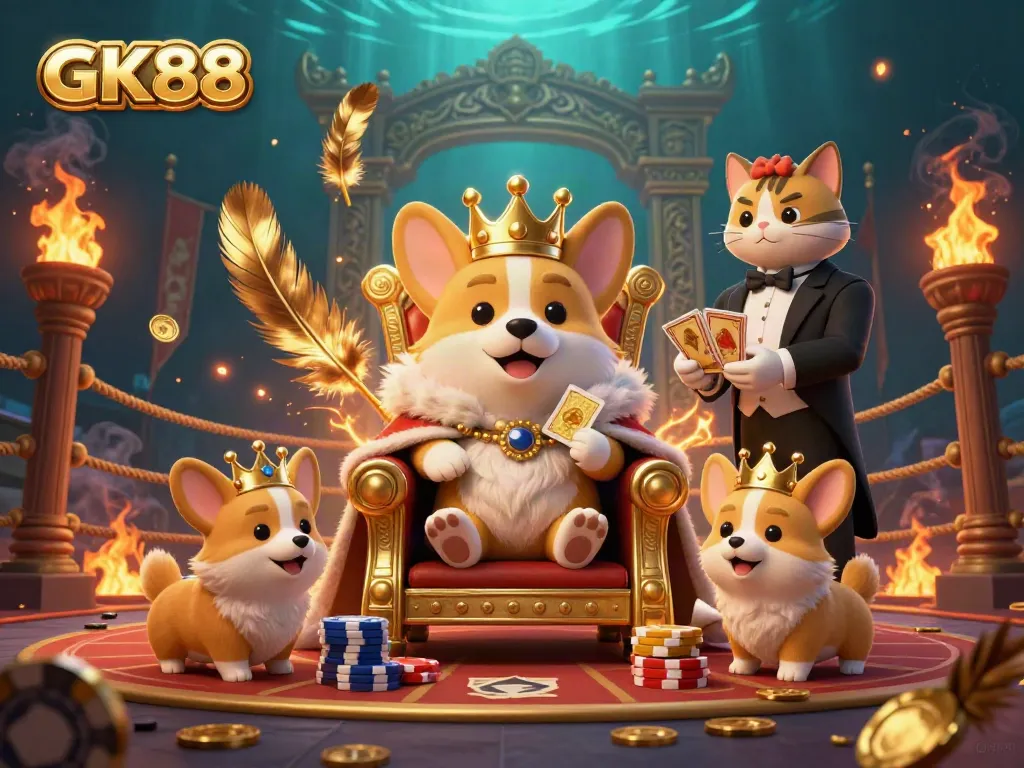 Experience the thrilling GK88 gambling scene with a royal corgi, card deck, and regal decorations.