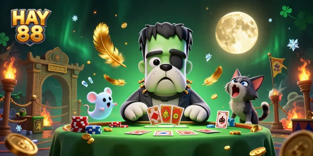Experience thrilling betting with HAY 88 featuring a lively monster dealer at a spooky casino table.