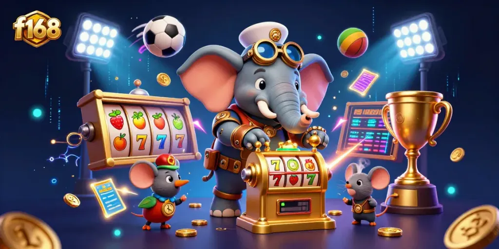 Engage with f168 casino thrills featuring a steampunk elephant at a golden slot machine, surrounded by gaming elements.