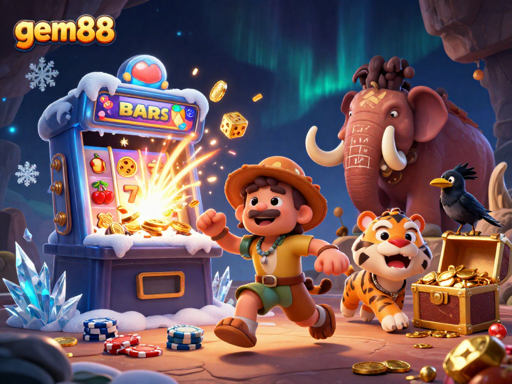 Experience jackpot excitement at gem88 with cartoon caveman and tiger duo running a prehistoric casino.