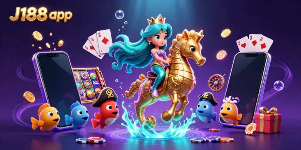 Engage with the exciting J188 app in a vibrant underwater scene featuring a mermaid princess and her seahorse companion amidst colorful casino games.