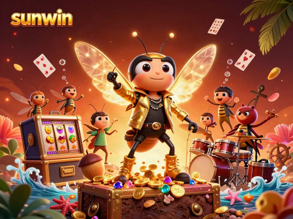 Join the excitement with sunwin as the cicada rock star leads a lively casino party amidst colorful game elements.