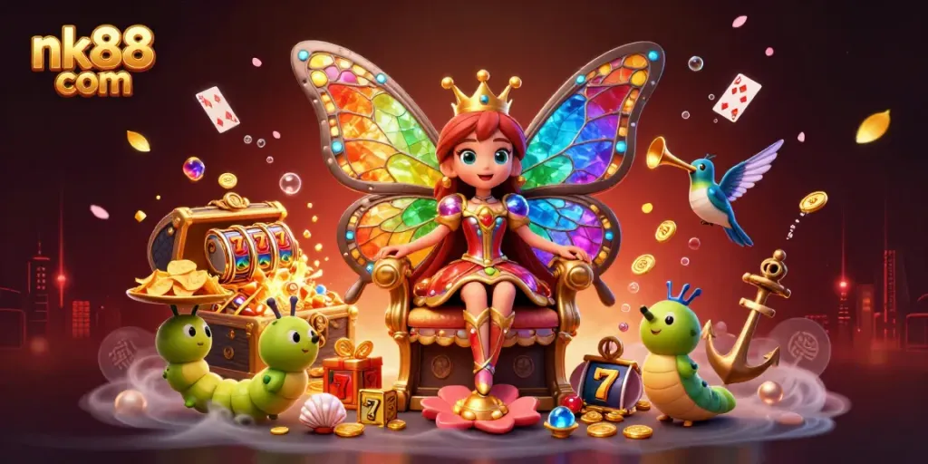 Engage with dynamic gaming action at nk88 com featuring a colorful butterfly queen and vibrant slot elements.