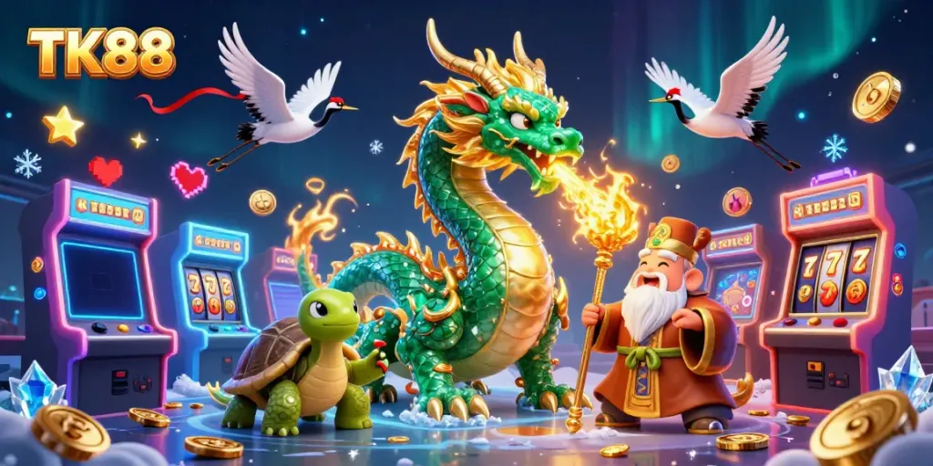 Experience the vibrant TK88 gaming world with iconic characters and exciting slot elements in this dynamic illustration.