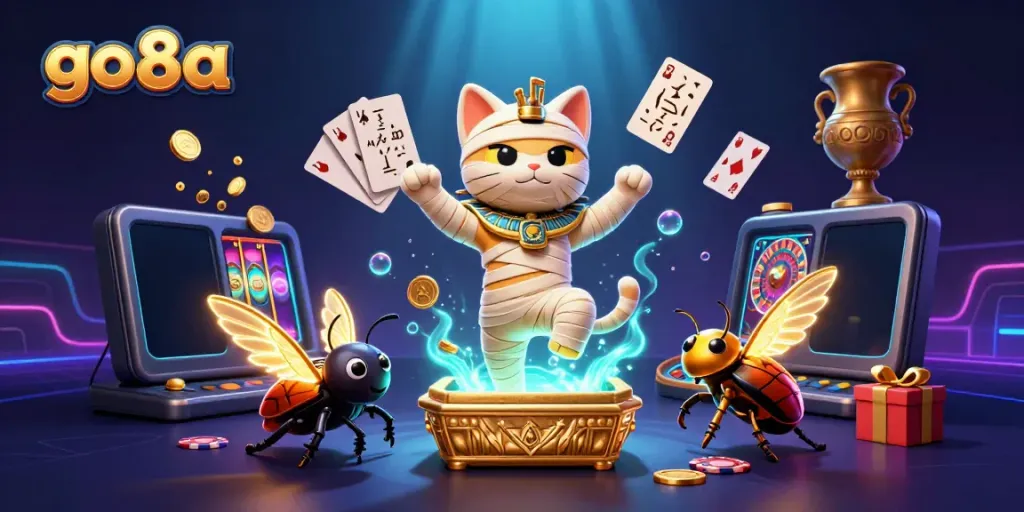 Engage in exciting gameplay at go8a with a vibrant illustration featuring a mummy cat and casino elements.