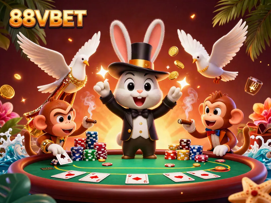 Engaging scene of 88VBET showcasing a magician rabbit and friends with casino elements
